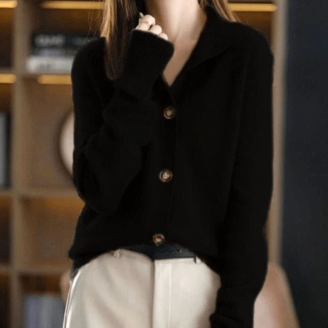 Women's Cashmere Blend Button-Front Knit Cardigan Mock Neck - Black