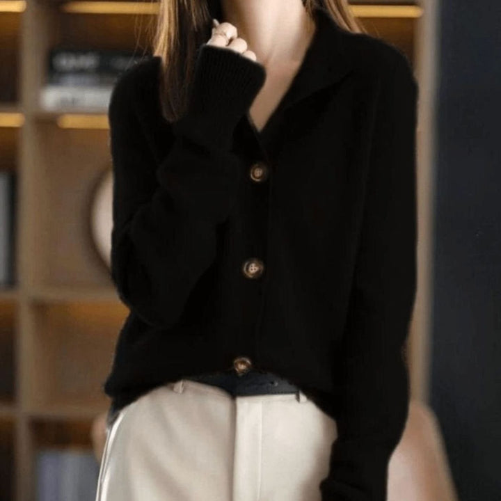 Women's Cashmere Blend Button-Front Knit Cardigan Mock Neck - Black