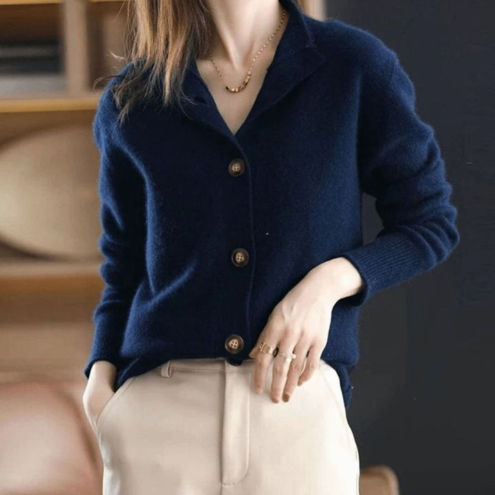 Women's Cashmere Blend Button-Front Knit Cardigan Mock Neck - Dark Blue