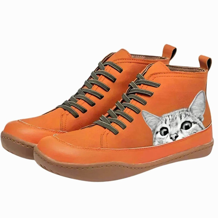 Women's Cat Print Lace-Up Leather Ankle Boots - Orange