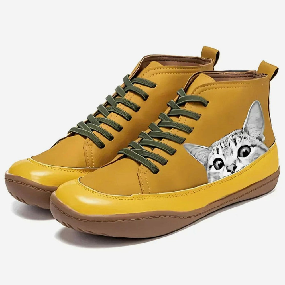 Women's Cat Print Lace-Up Leather Ankle Boots - Yellow