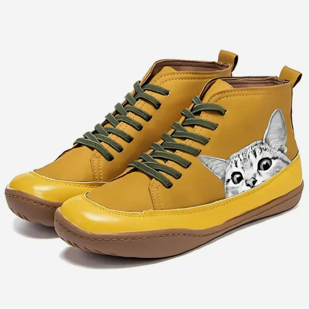 Women's Cat Print Lace-Up Leather Ankle Boots - Yellow