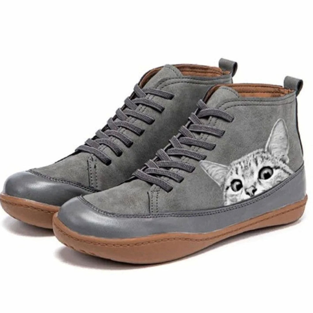 Women's Cat Print Lace-Up Leather Ankle Boots - Grey