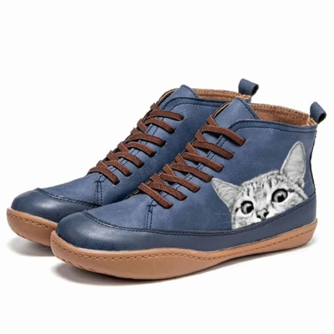 Women's Cat Print Lace-Up Leather Ankle Boots - Blue