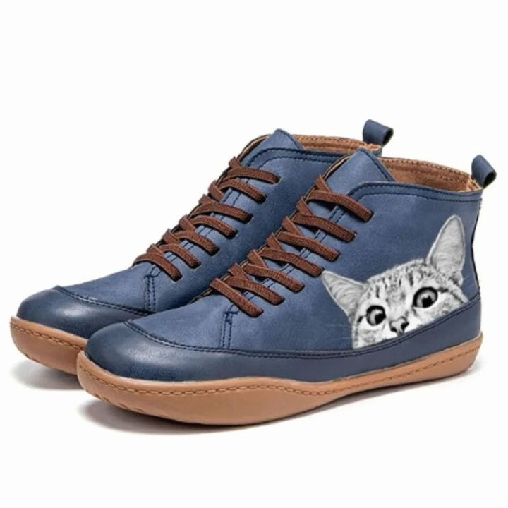 Women's Cat Print Lace-Up Leather Ankle Boots - Blue