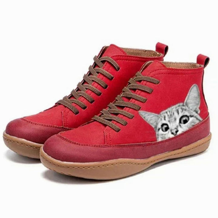 Women's Cat Print Lace-Up Leather Ankle Boots - Red