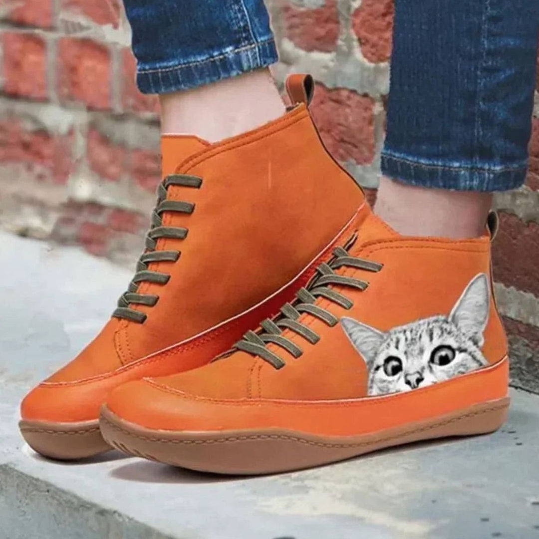 Women's Cat Print Lace-Up Leather Ankle Boots