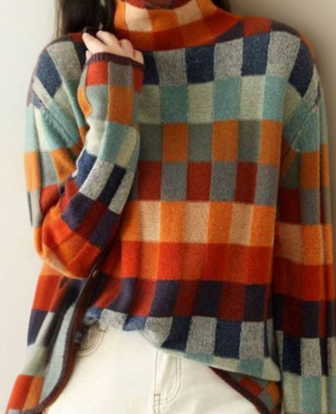 Women's Checked Turtleneck Jumper Knit Pullover