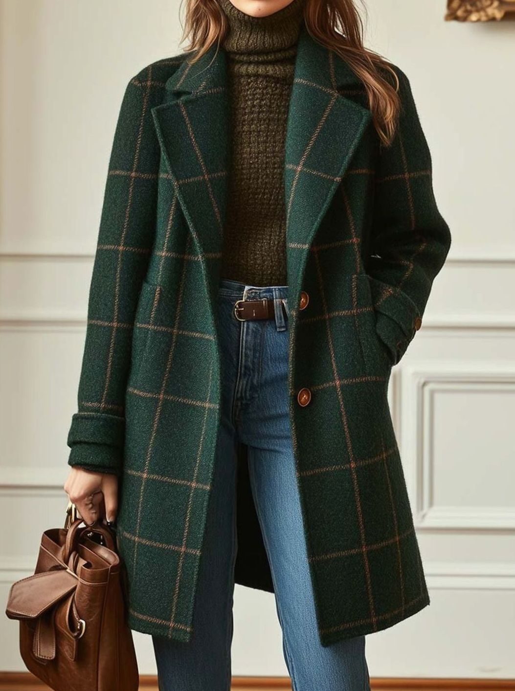 Women's Checked Tweed Wool-Blend Lapel Collar Coat - Dark Green
