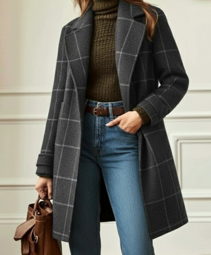 Women's Checked Tweed Wool-Blend Lapel Collar Coat - Grey