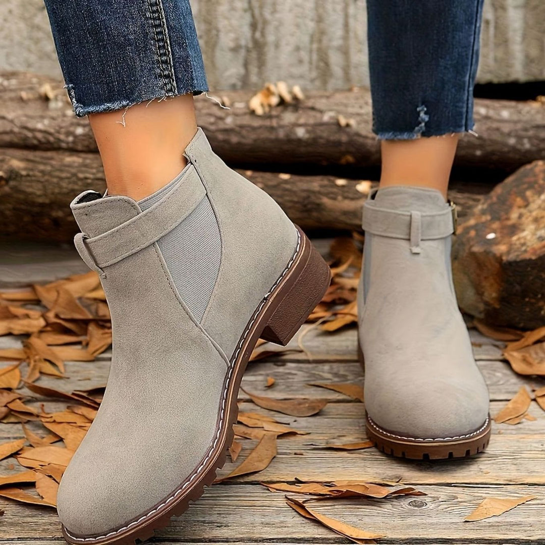 Women's Chelsea Ankle Boots Block Heel Buckle Strap - Grey