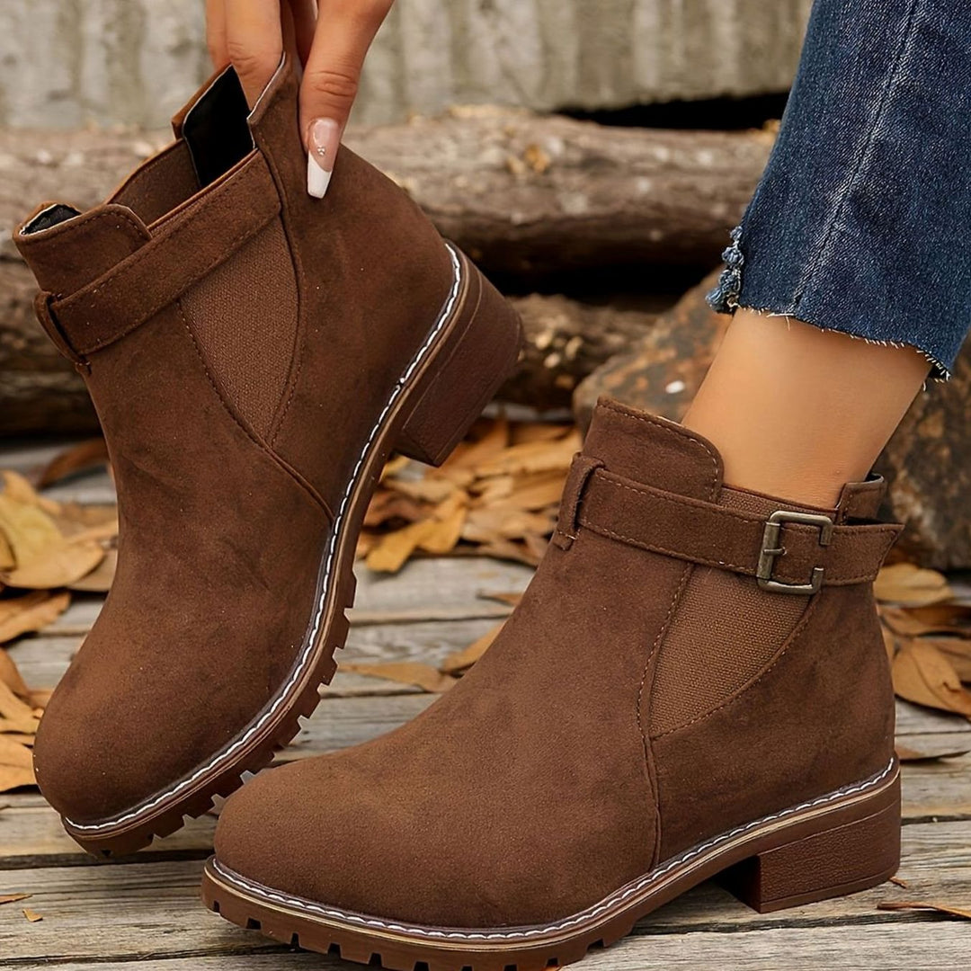 Women's Chelsea Ankle Boots Block Heel Buckle Strap - Caramel Brown