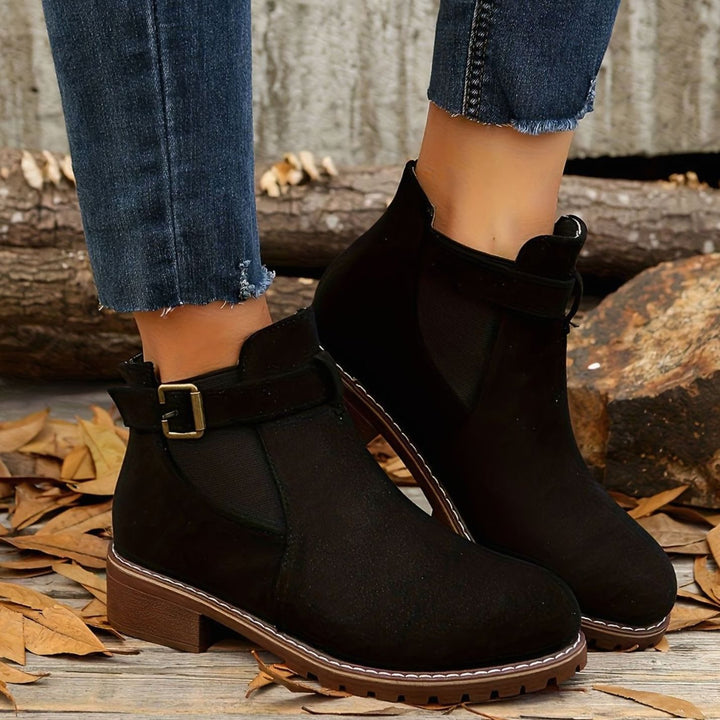 Women's Chelsea Ankle Boots Block Heel Buckle Strap - Black