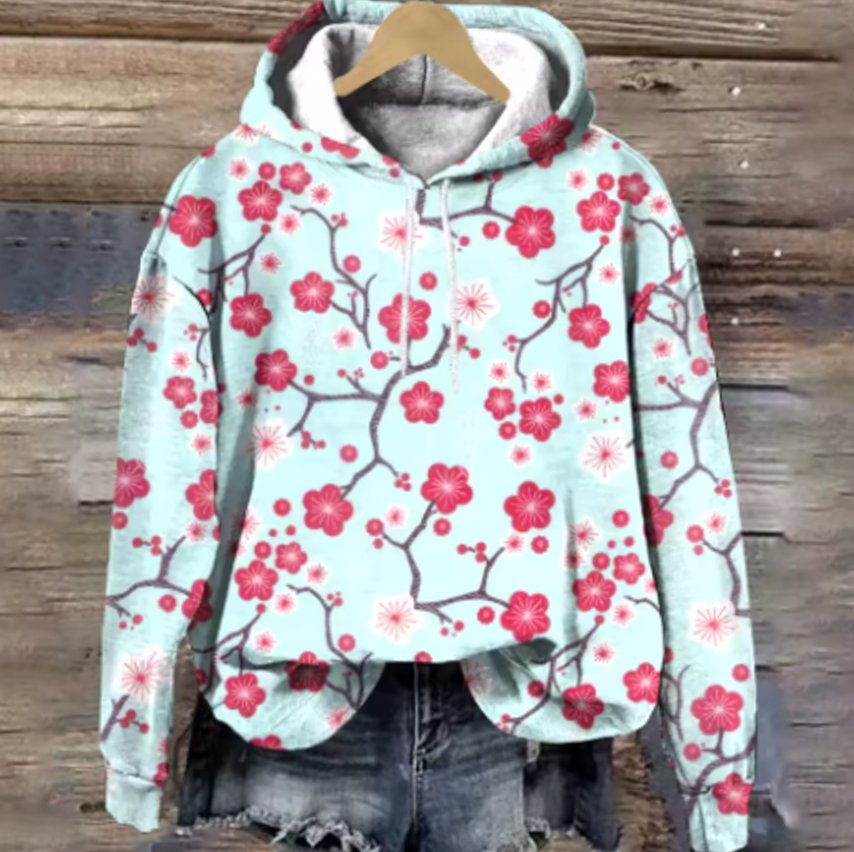 Women's Cherry Blossom Print Casual Hooded Sweatshirt - Blossom White