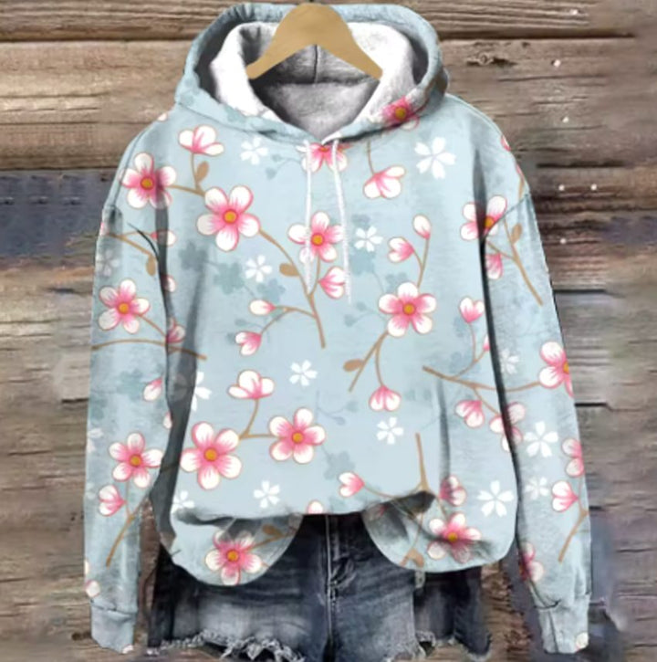 Women's Cherry Blossom Print Casual Hooded Sweatshirt - Cherry Blossom