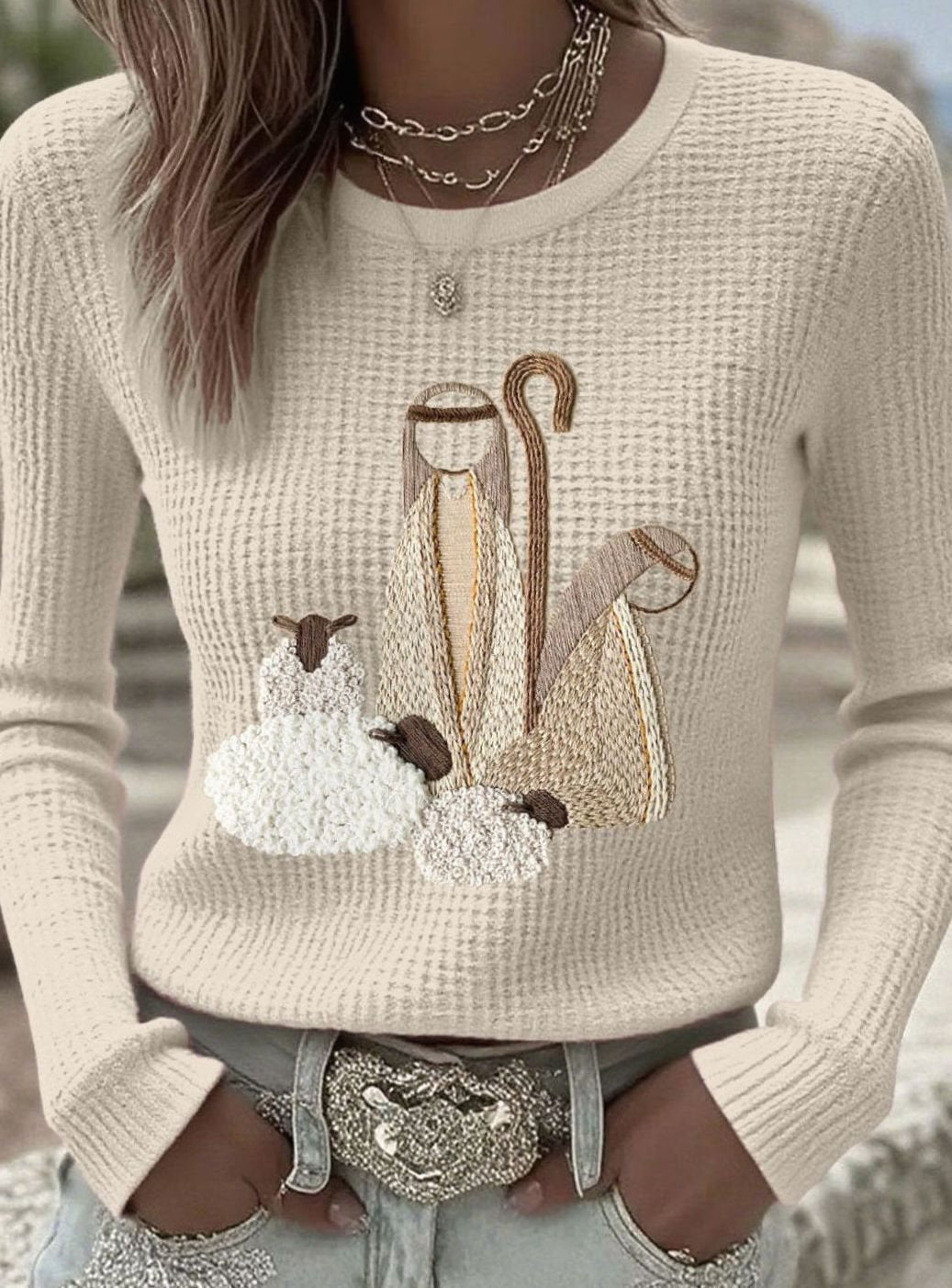 Women's Christmas Nativity Embroidered Waffle-Knit Jumper - Beige