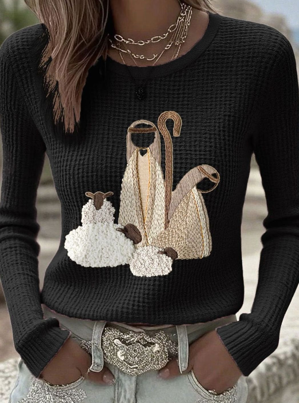 Women's Christmas Nativity Embroidered Waffle-Knit Jumper - Black