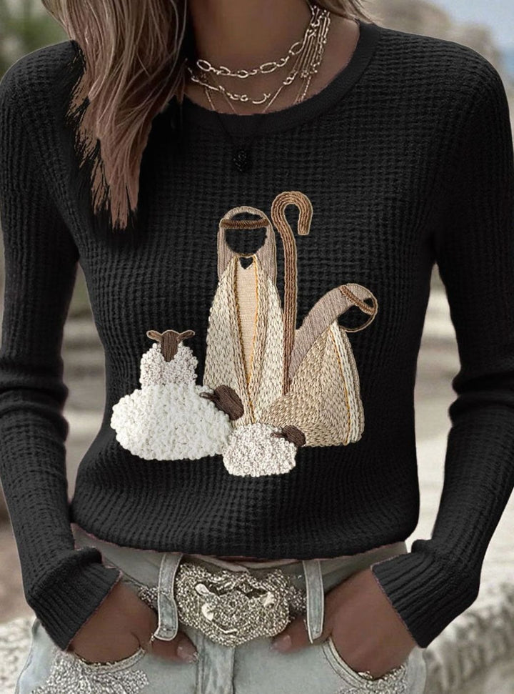 Women's Christmas Nativity Embroidered Waffle-Knit Jumper - Black