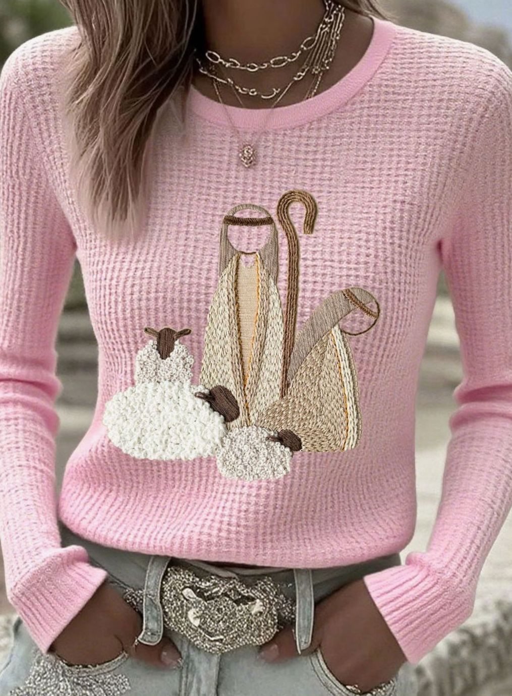 Women's Christmas Nativity Embroidered Waffle-Knit Jumper - Pink