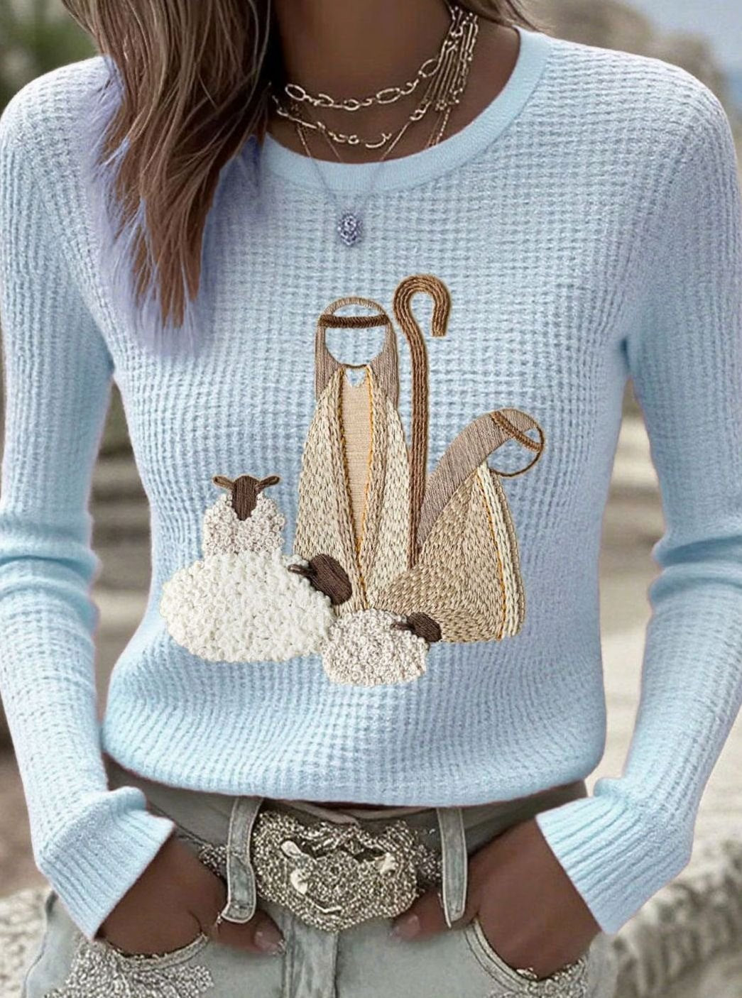 Women's Christmas Nativity Embroidered Waffle-Knit Jumper - Light Blue