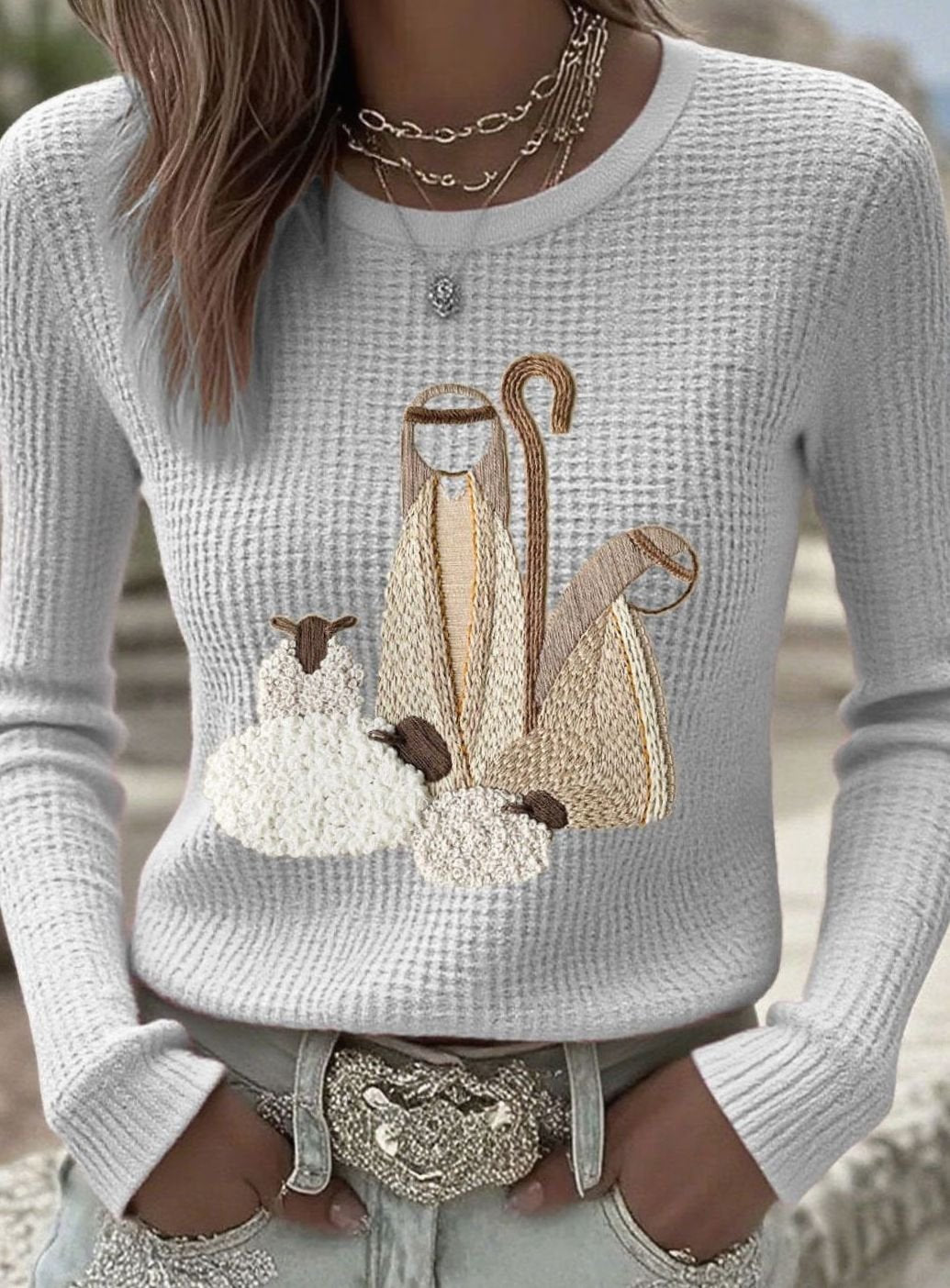 Women's Christmas Nativity Embroidered Waffle-Knit Jumper - Light Grey