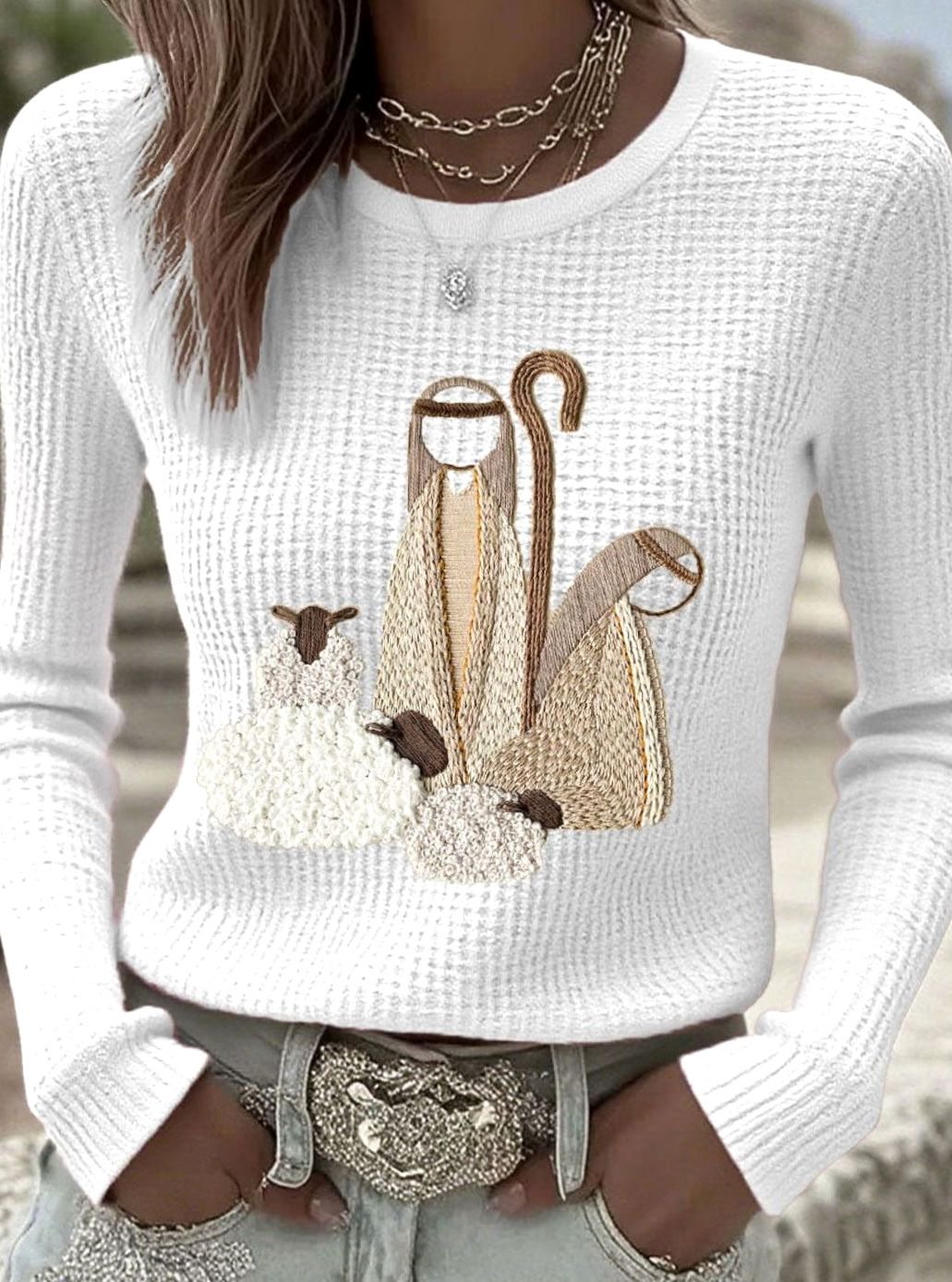 Women's Christmas Nativity Embroidered Waffle-Knit Jumper - White