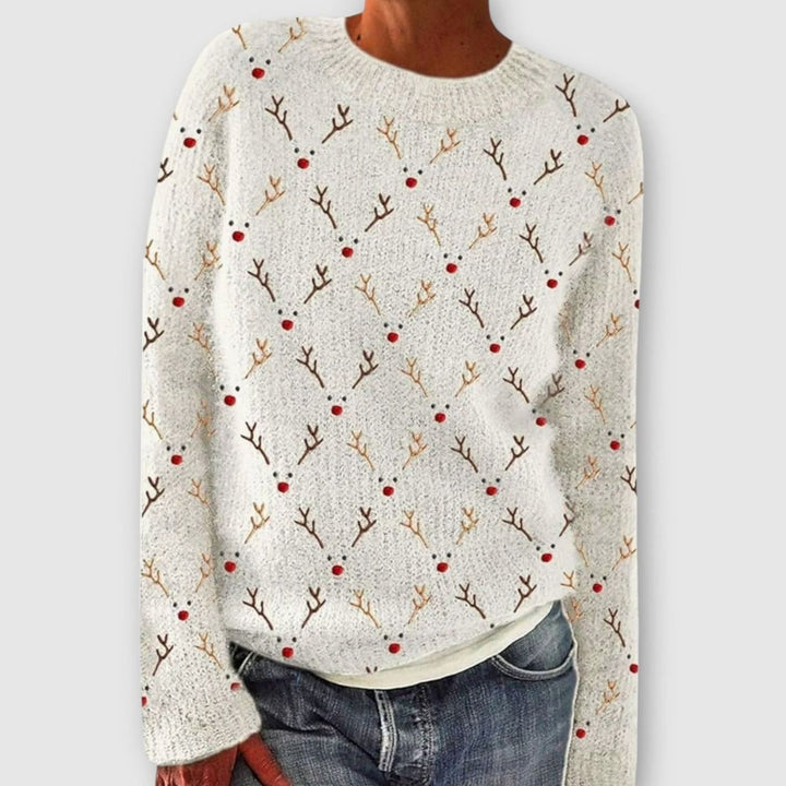 Women's Christmas Reindeer Crew-Neck Knitted Jumper - White