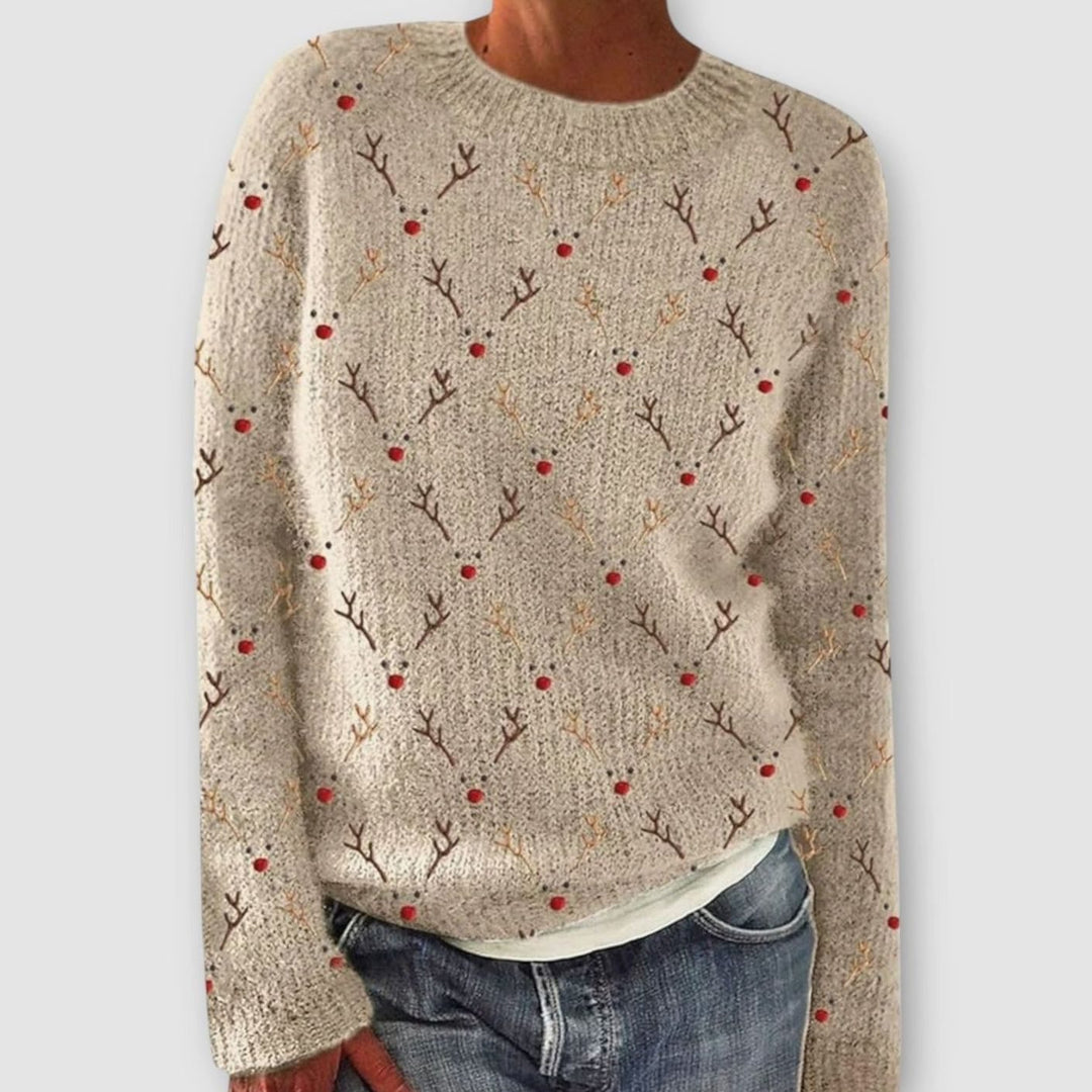 Women's Christmas Reindeer Crew-Neck Knitted Jumper - Beige