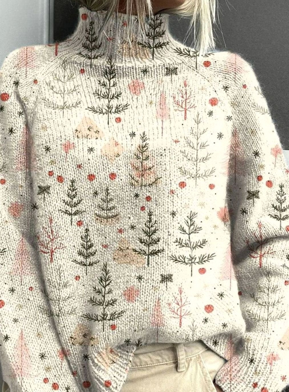 Women's Christmas Tree Print Relaxed-Fit Turtleneck Jumper - Multicolor