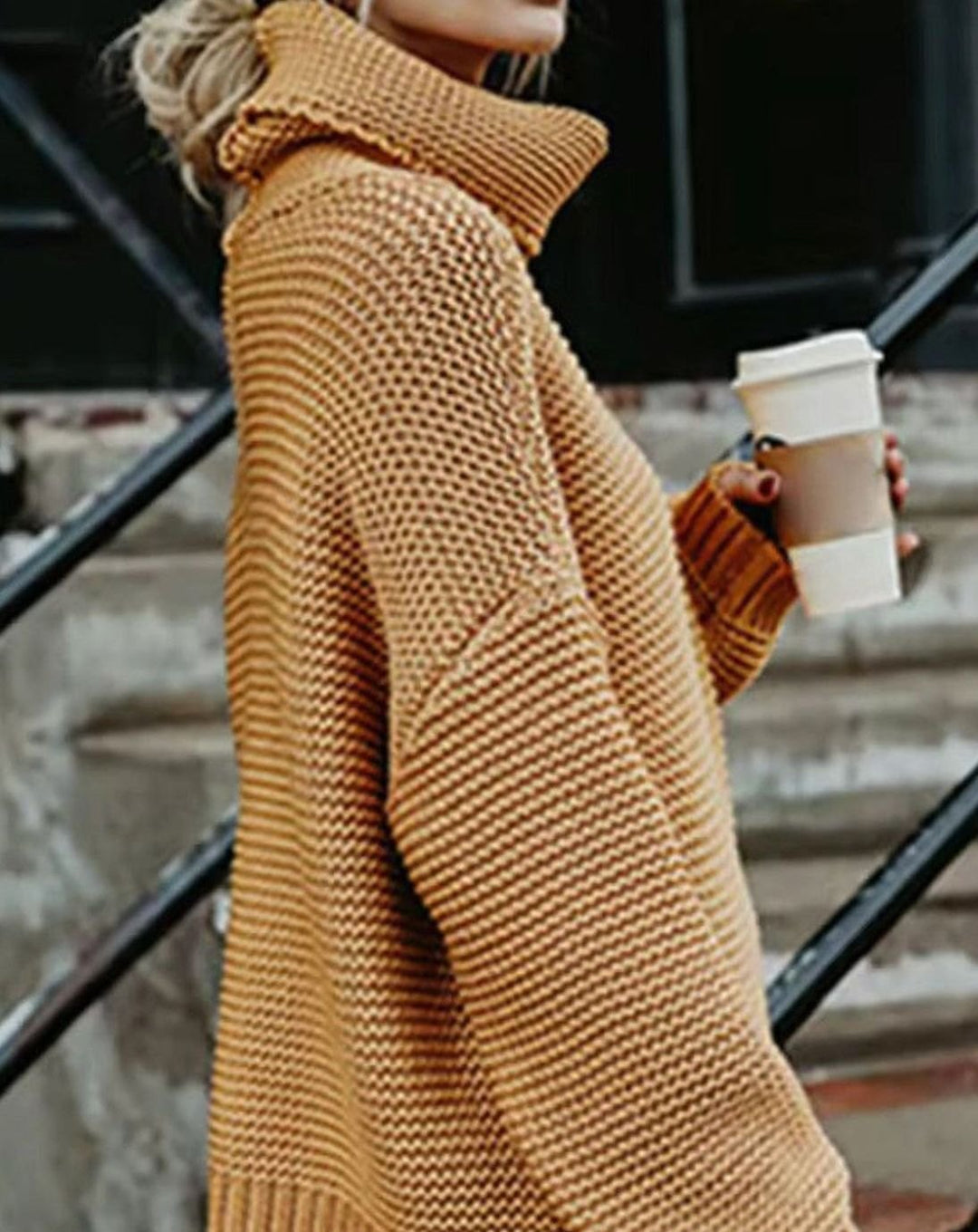Women's Chunky Knit Oversized Turtleneck Jumper - Orange