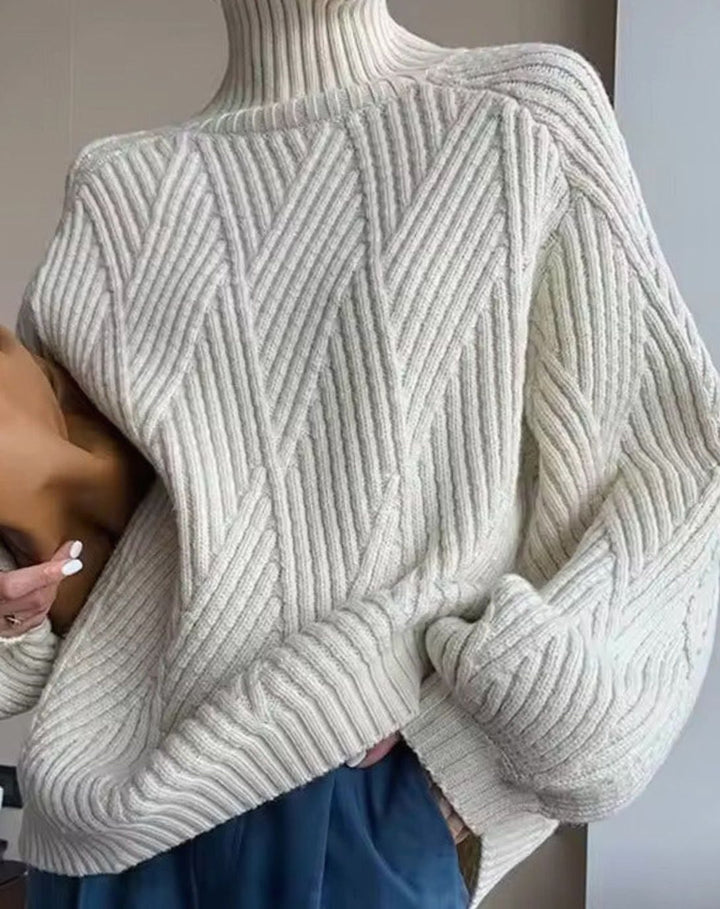 Women's Chunky Turtleneck Knitted Jumper Wide Sleeve - White
