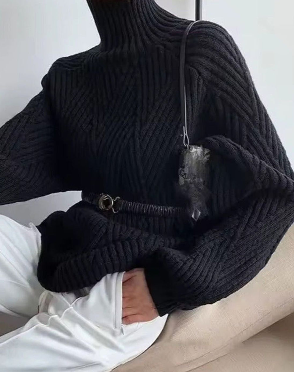 Women's Chunky Turtleneck Knitted Jumper Wide Sleeve