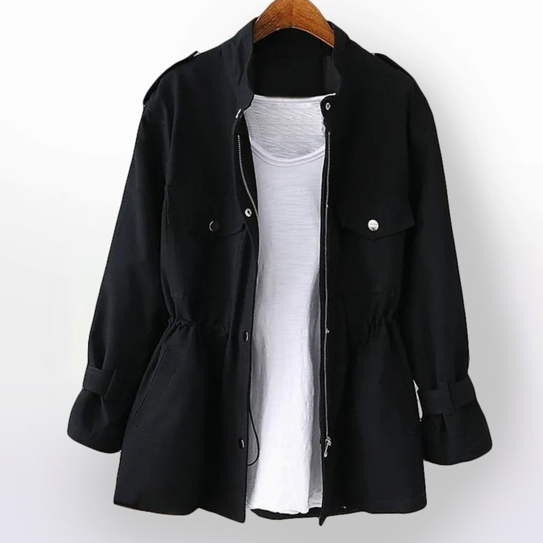 Women's Cinched-Waist Drawstring Trench Coat - Black