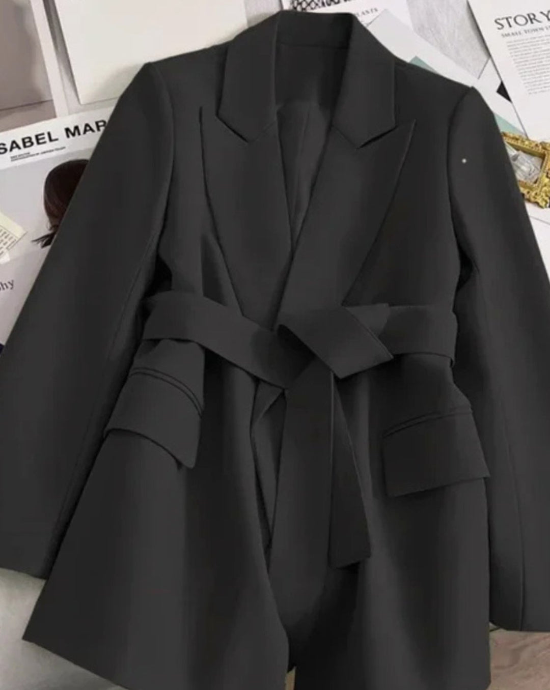 Women's Classic Belted Blazer-Style Trench Coat, Black - Black