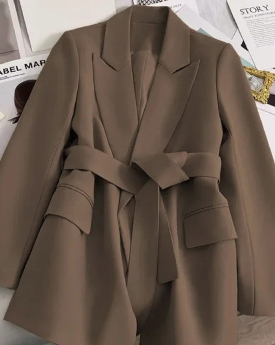 Women's Classic Belted Blazer-Style Trench Coat, Black - Coffee