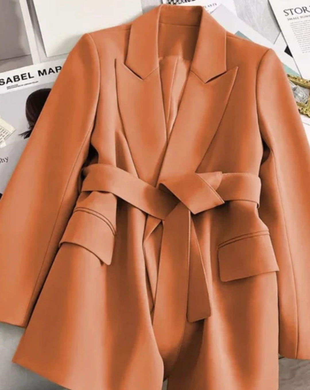 Women's Classic Belted Blazer-Style Trench Coat, Black - Orange