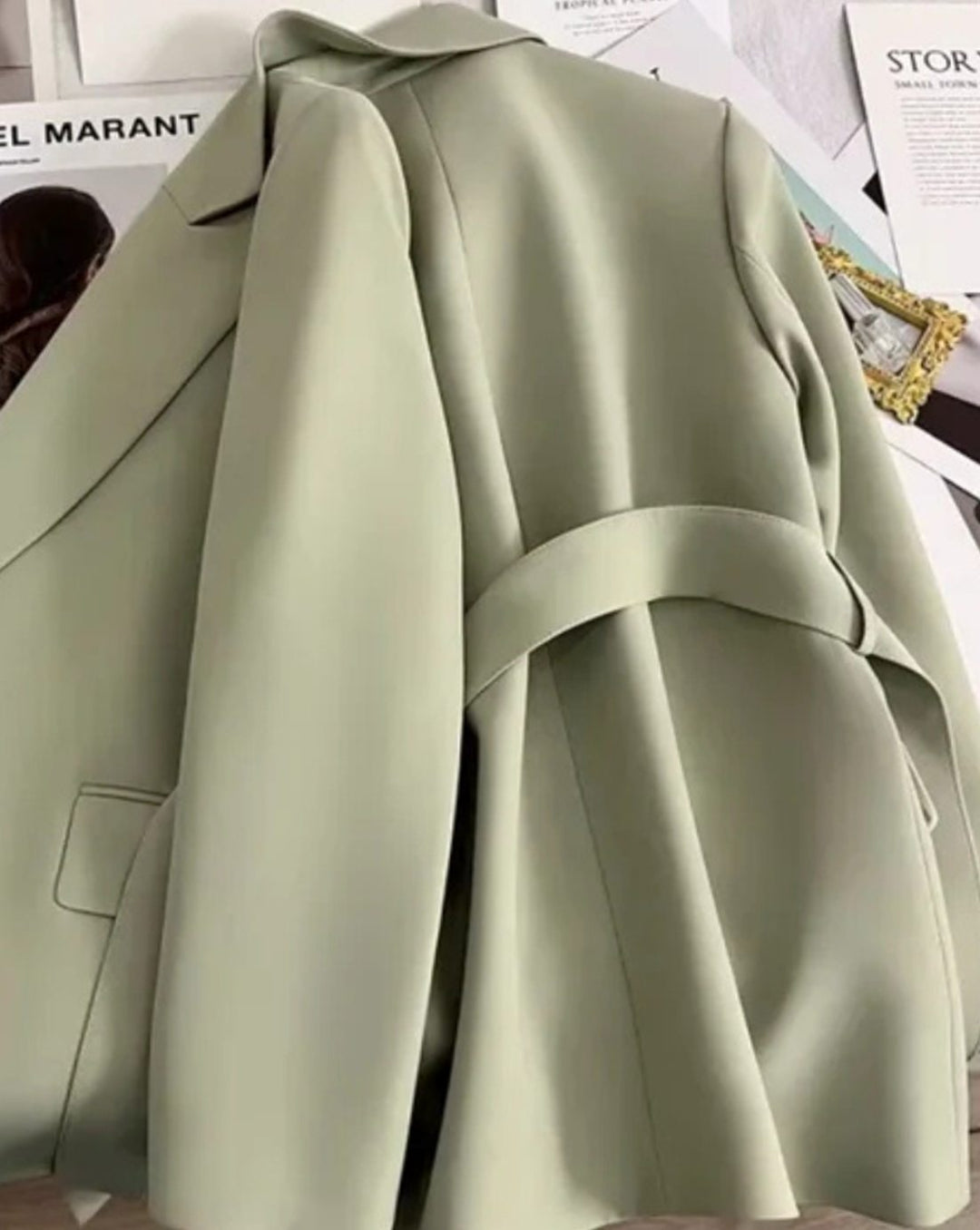 Women's Classic Belted Blazer-Style Trench Coat, Black - Green