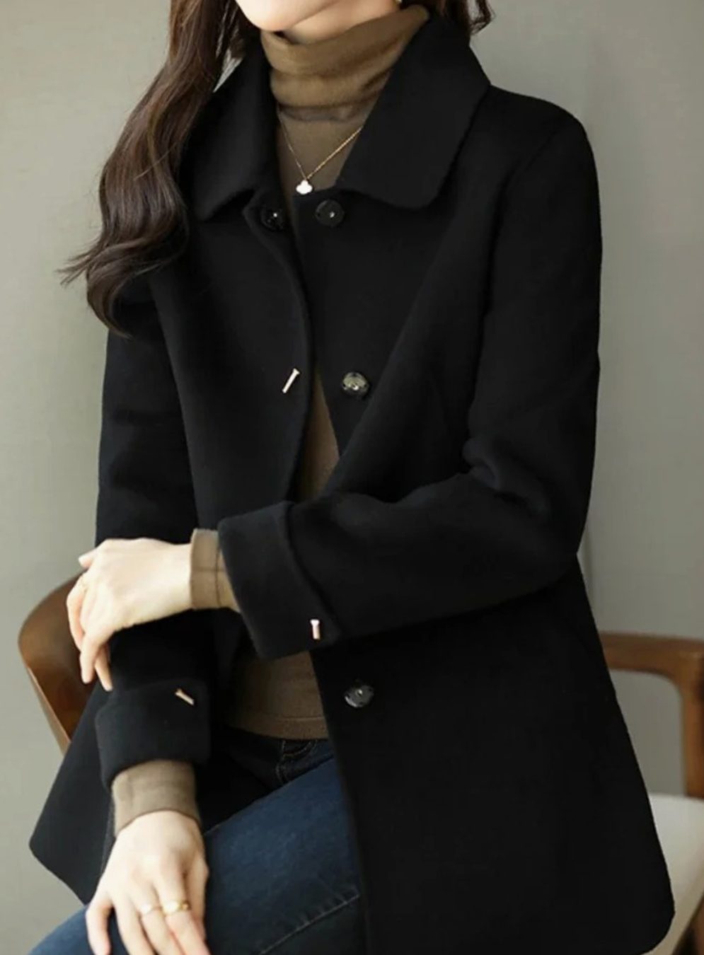 Women's Classic Button-Up Wool-Look Midi Coat - Black
