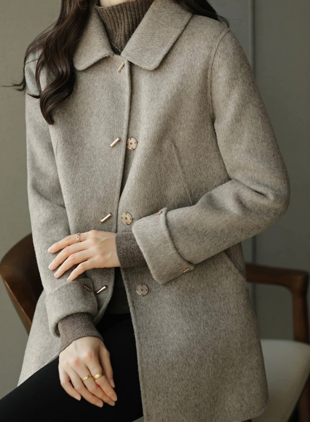 Women's Classic Button-Up Wool-Look Midi Coat - Khaki