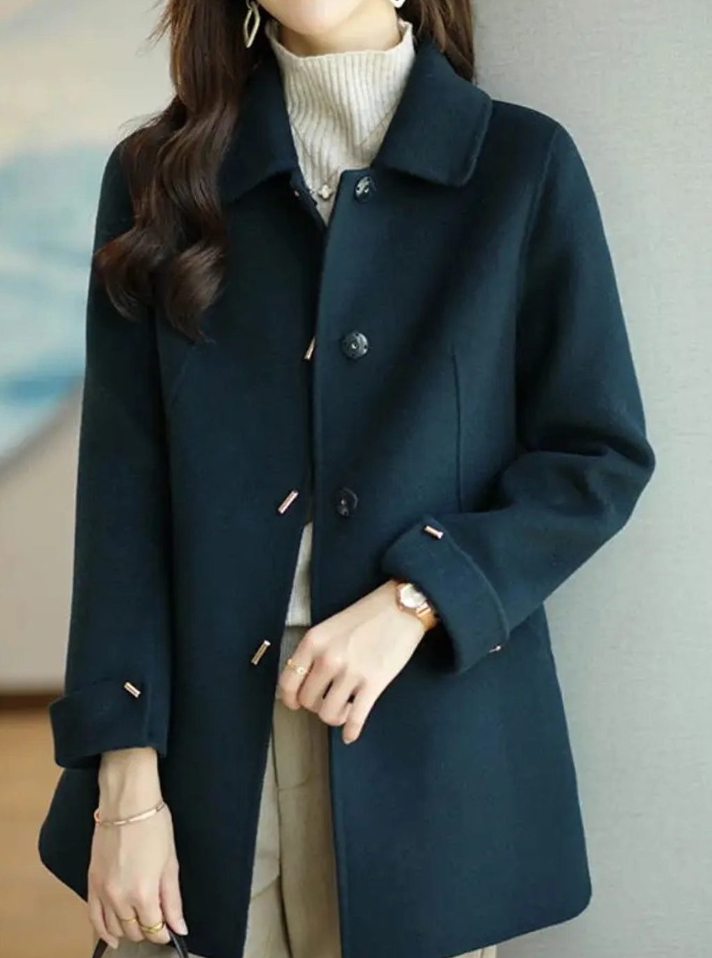Women's Classic Button-Up Wool-Look Midi Coat - Navy Blue