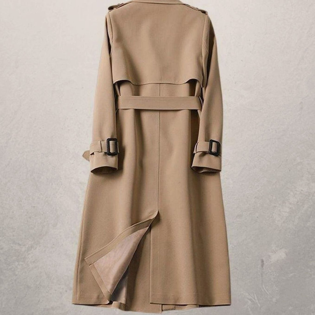 Women's Classic Double-Breasted Belted Long Trench Coat, Khaki