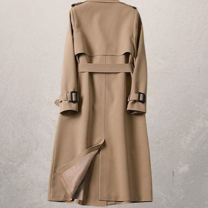 Women's Classic Double-Breasted Belted Long Trench Coat, Khaki
