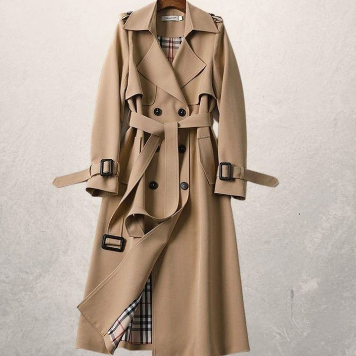 Women's Classic Double-Breasted Belted Long Trench Coat, Khaki - Khaki