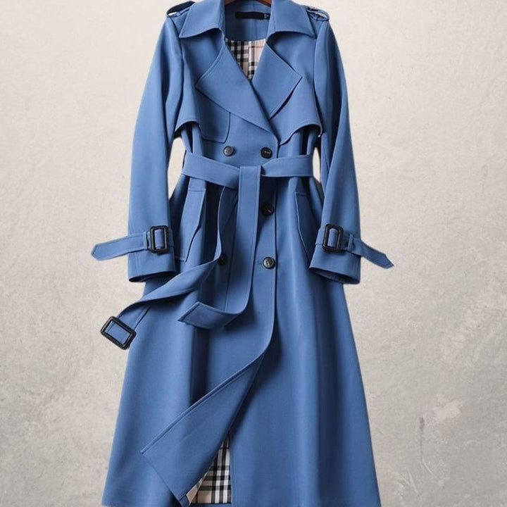 Women's Classic Double-Breasted Belted Long Trench Coat, Khaki - Blue