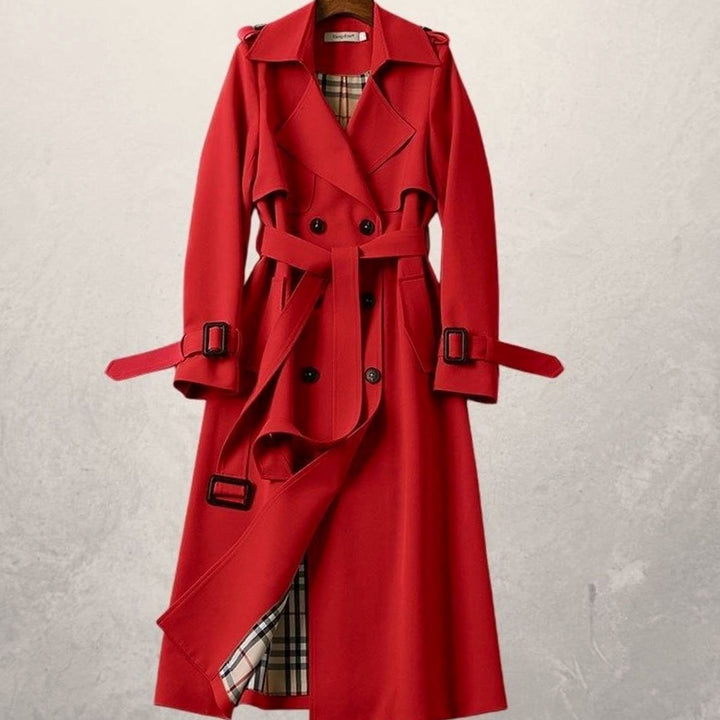 Women's Classic Double-Breasted Belted Long Trench Coat, Khaki - Red