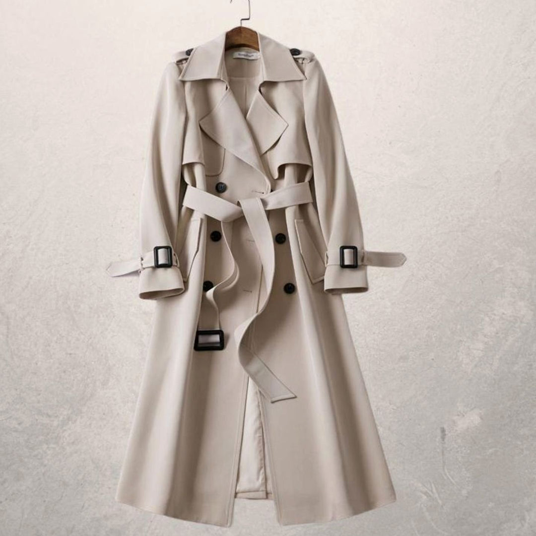 Women's Classic Double-Breasted Belted Long Trench Coat, Khaki - Beige
