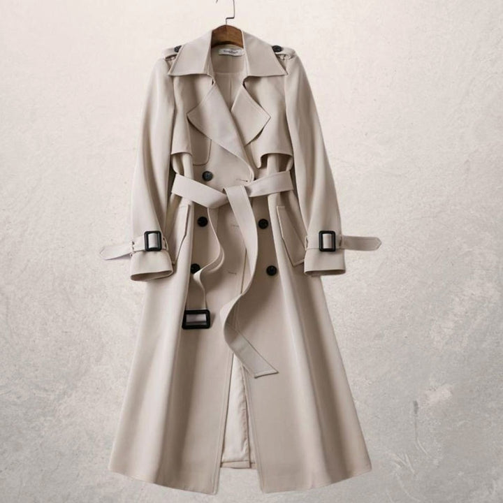 Women's Classic Double-Breasted Belted Long Trench Coat, Khaki - Beige