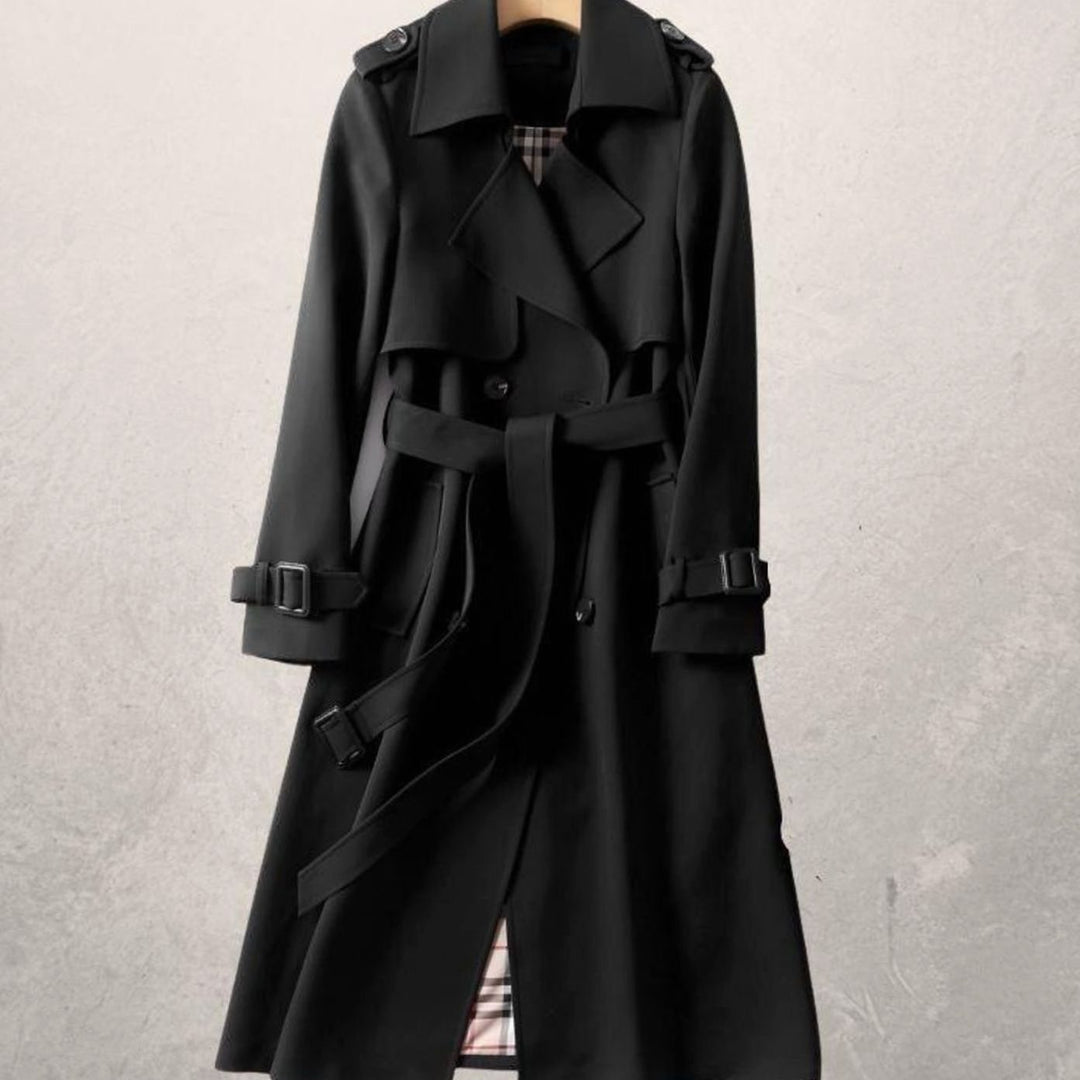 Women's Classic Double-Breasted Belted Long Trench Coat, Khaki - Black