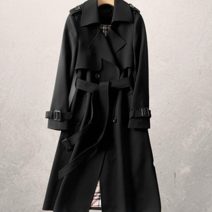 Women's Classic Double-Breasted Belted Long Trench Coat, Khaki - Black