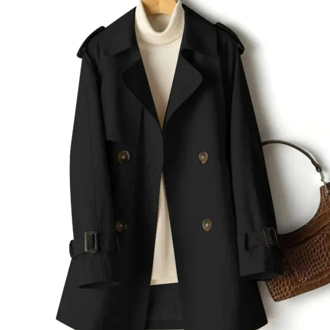 Women's Classic Double-Breasted Belted Trench Coat, Black - Black